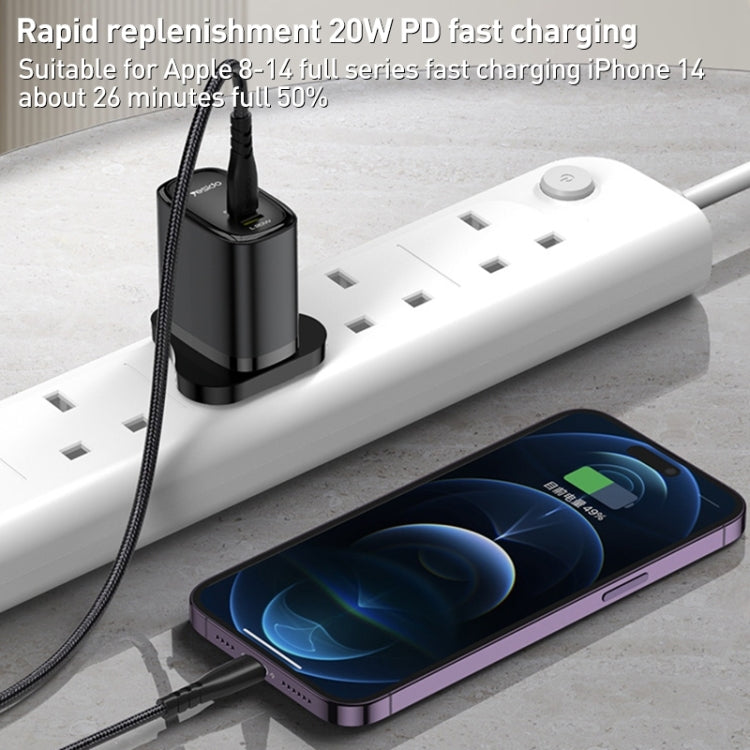 Chargeur de voyage Yesido YC43 PD 20 W USB-C / Type-C + 8 broches avec câble Type-C vers 8 broches de 1 m, prise britannique, YC43