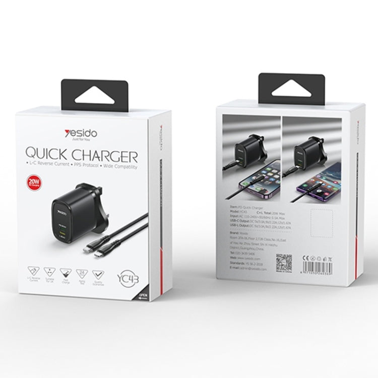 Chargeur de voyage Yesido YC43 PD 20 W USB-C / Type-C + 8 broches avec câble Type-C vers 8 broches de 1 m, prise britannique, YC43