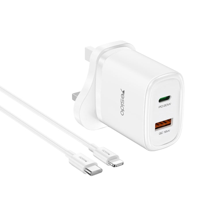 Chargeur de voyage USB-C/Type-C + USB Yesido YC46 PD20W avec câble Type-C vers 8 broches de 1 m, prise britannique, YC46