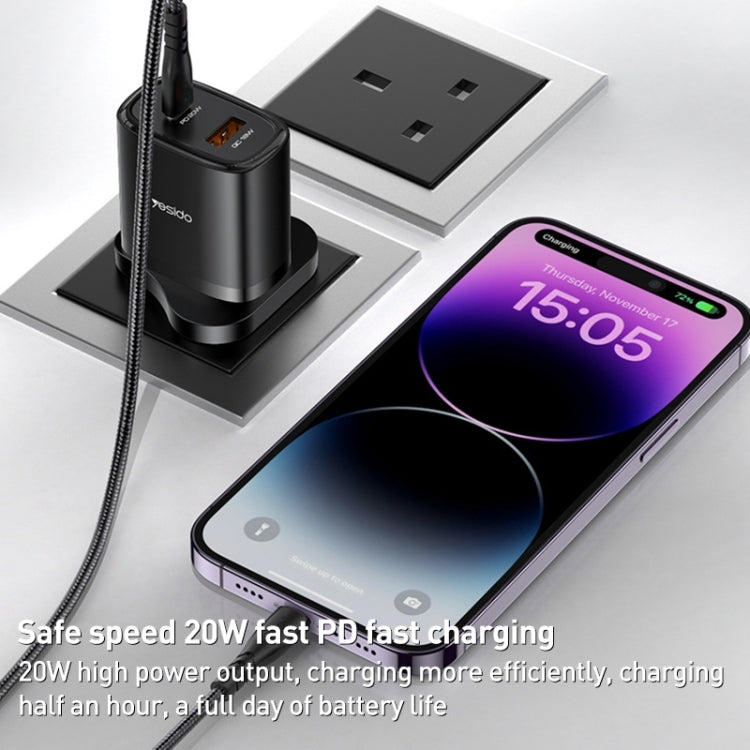 Chargeur de voyage USB-C/Type-C + USB Yesido YC46 PD20W avec câble Type-C vers 8 broches de 1 m, prise britannique, YC46