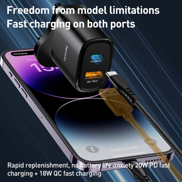 Chargeur de voyage USB-C/Type-C + USB Yesido YC46 PD20W avec câble Type-C vers 8 broches de 1 m, prise britannique, YC46