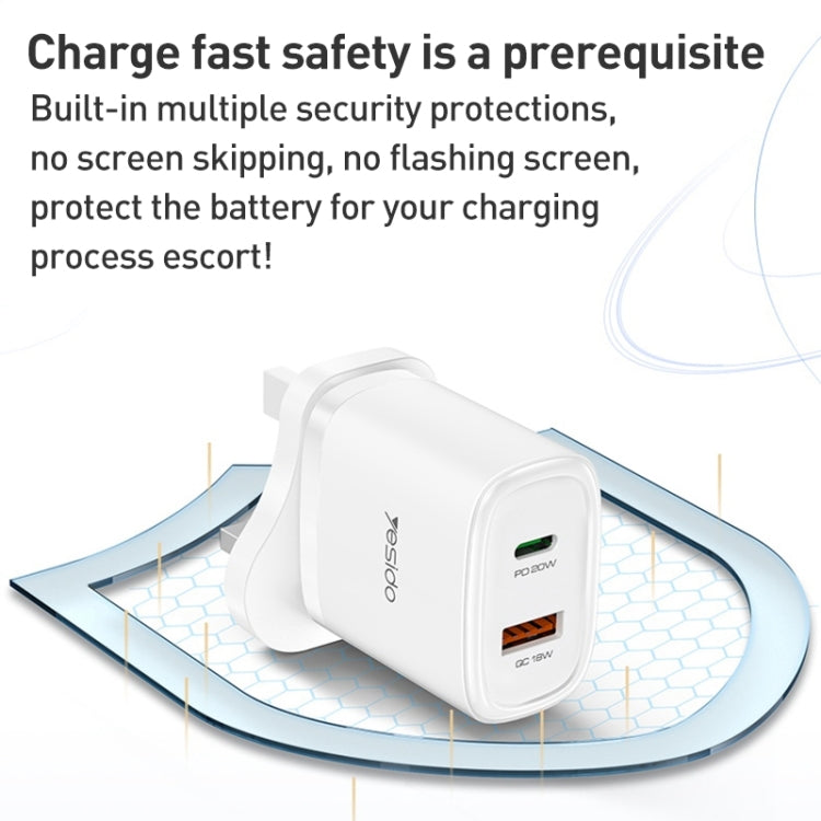 Chargeur de voyage USB-C/Type-C + USB Yesido YC46 PD20W avec câble Type-C vers 8 broches de 1 m, prise britannique, YC46