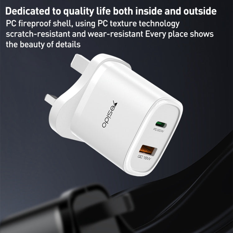 Chargeur de voyage USB-C/Type-C + USB Yesido YC46 PD20W avec câble Type-C vers 8 broches de 1 m, prise britannique, YC46