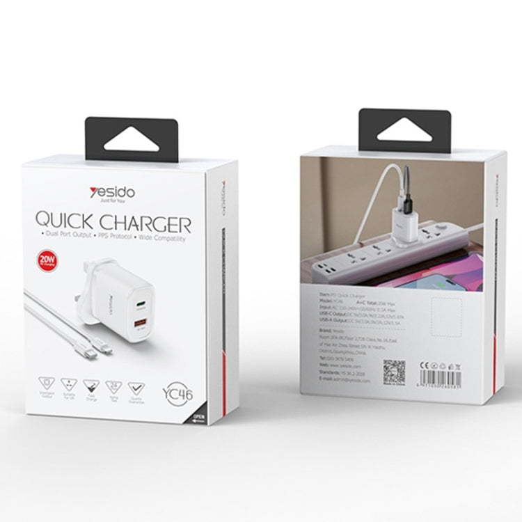 Chargeur de voyage USB-C/Type-C + USB Yesido YC46 PD20W avec câble Type-C vers 8 broches de 1 m, prise britannique, YC46