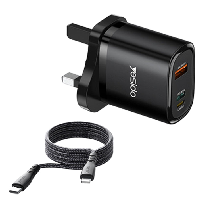 Chargeur de voyage Yesido YC51 30 W USB-C / Type-C + USB + 8 broches avec câble Type-C vers 8 broches de 1 m, prise britannique, YC51