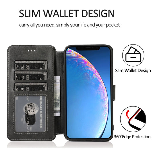 Multiple card slots and wallet compartments inside leather flip case for iPhone 12/12 Pro