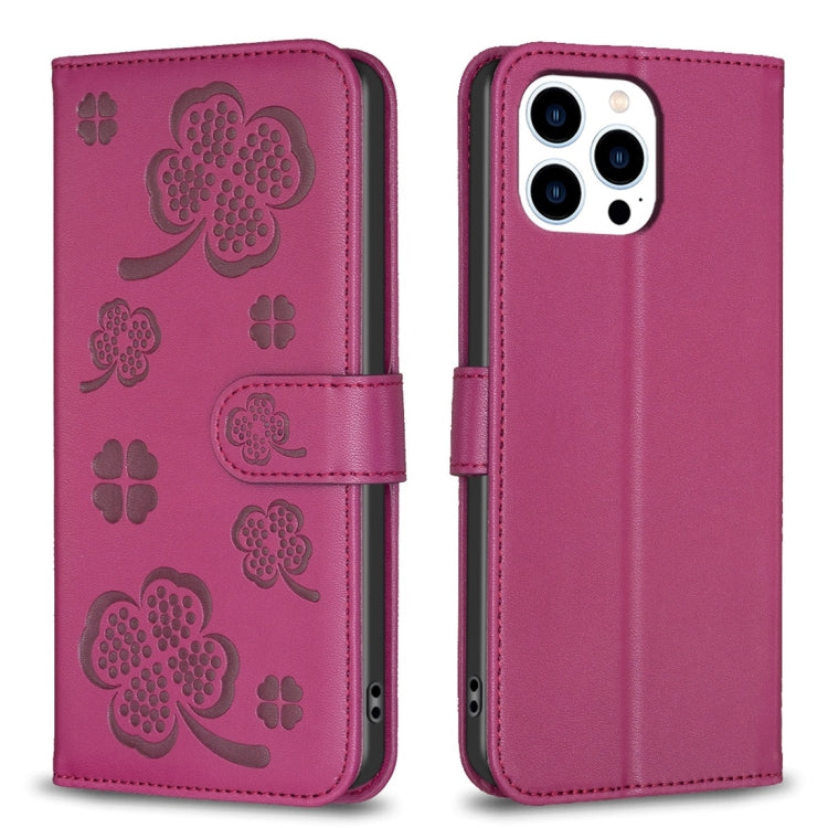 Four-leaf Embossed Leather Phone Case, For iPhone 15 Pro Max, For iPhone 15 Pro, For iPhone 15 Plus, For iPhone 15