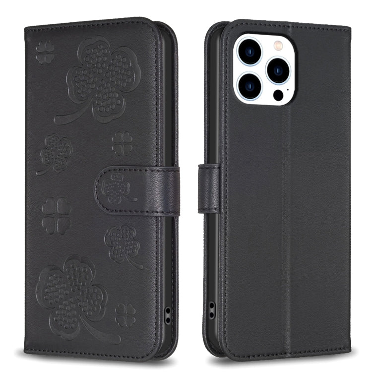 Four-leaf Embossed Leather Phone Case, For iPhone 15 Pro Max, For iPhone 15 Pro, For iPhone 15 Plus, For iPhone 15