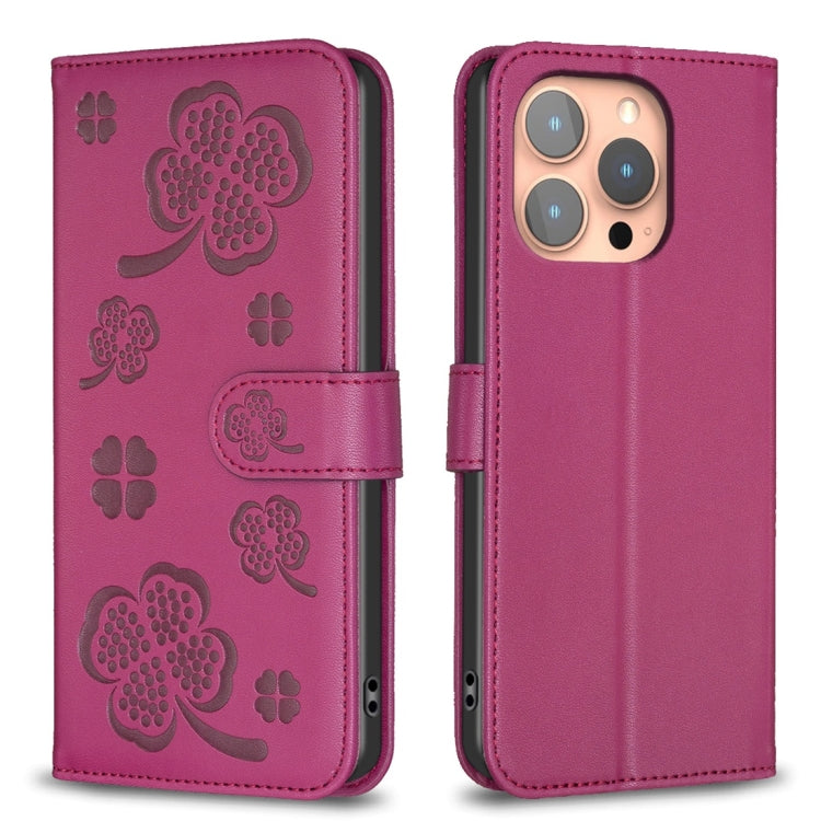 Four-leaf Embossed Leather Phone Case, For iPhone 15 Pro Max, For iPhone 15 Pro, For iPhone 15 Plus, For iPhone 15