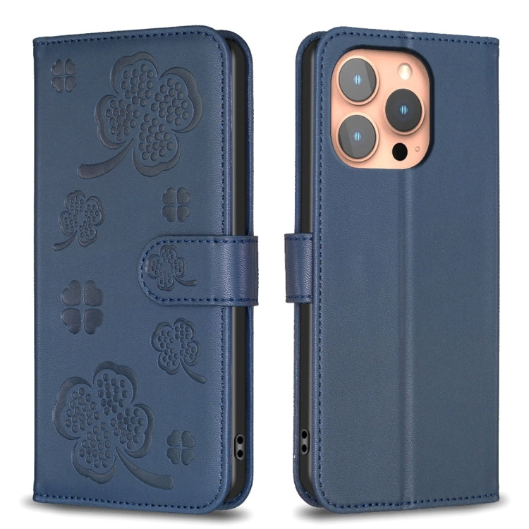 Four-leaf Embossed Leather Phone Case, For iPhone 15 Pro Max, For iPhone 15 Pro, For iPhone 15 Plus, For iPhone 15