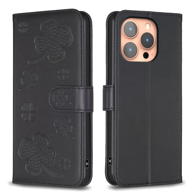 Four-leaf Embossed Leather Phone Case, For iPhone 15 Pro Max, For iPhone 15 Pro, For iPhone 15 Plus, For iPhone 15