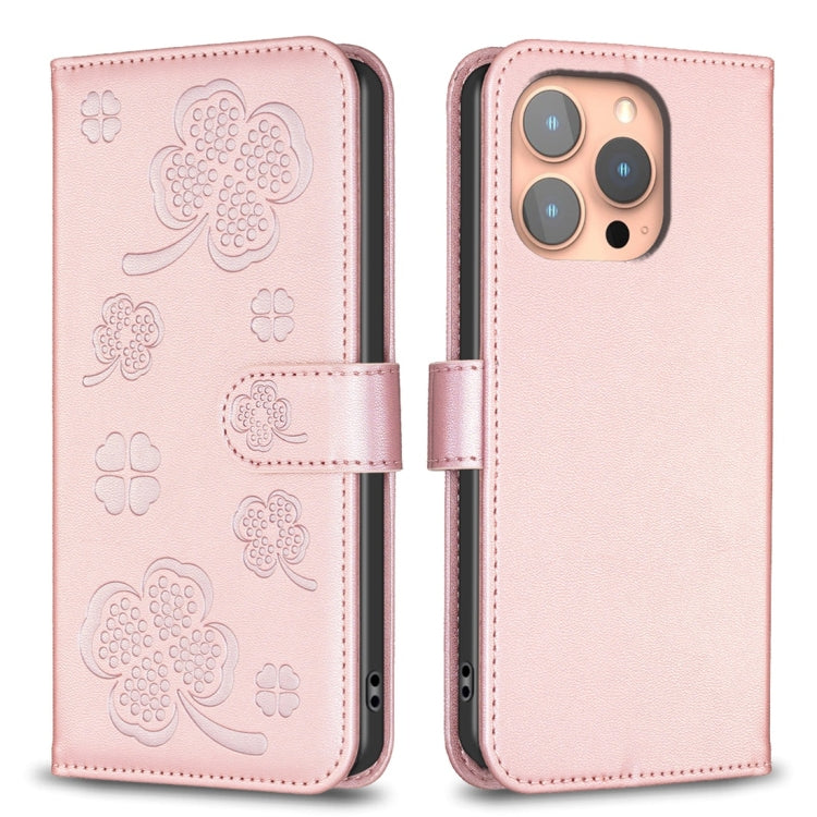 Four-leaf Embossed Leather Phone Case, For iPhone 15 Pro Max, For iPhone 15 Pro, For iPhone 15 Plus, For iPhone 15