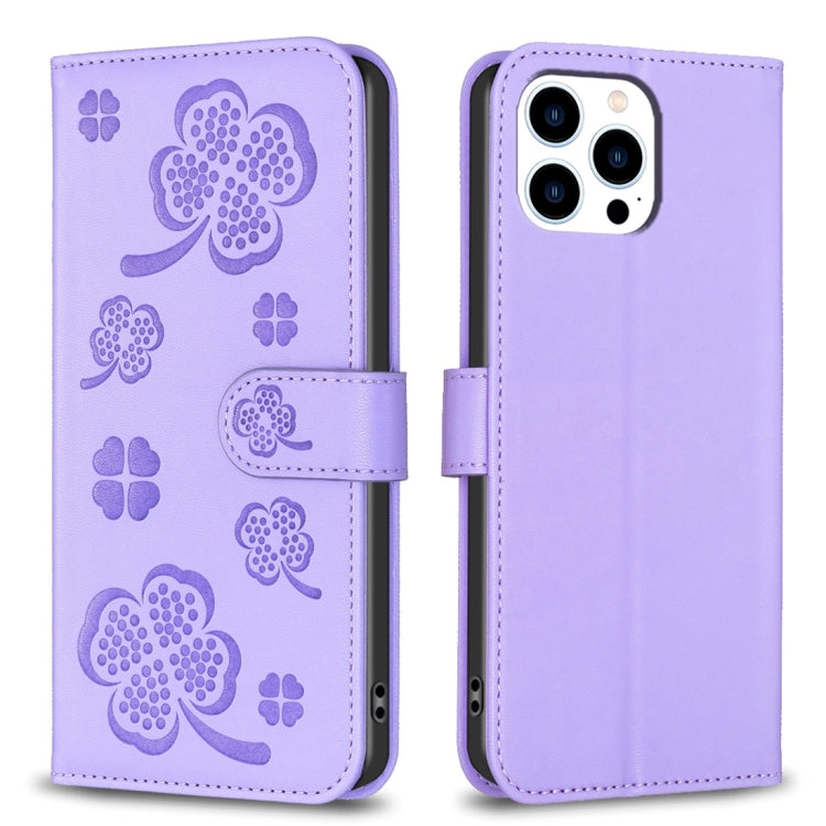 Four-leaf Embossed Leather Phone Case, For iPhone 14 Plus, For iPhone 14, For iPhone 14 Pro, For iPhone 14 Pro Max