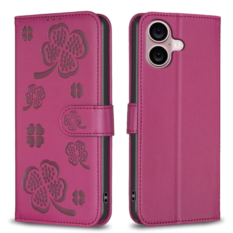 Four-leaf Embossed Leather Phone Case, For iPhone 16 Pro Max, For iPhone 16 Pro, For iPhone 16 Plus, For iPhone 16