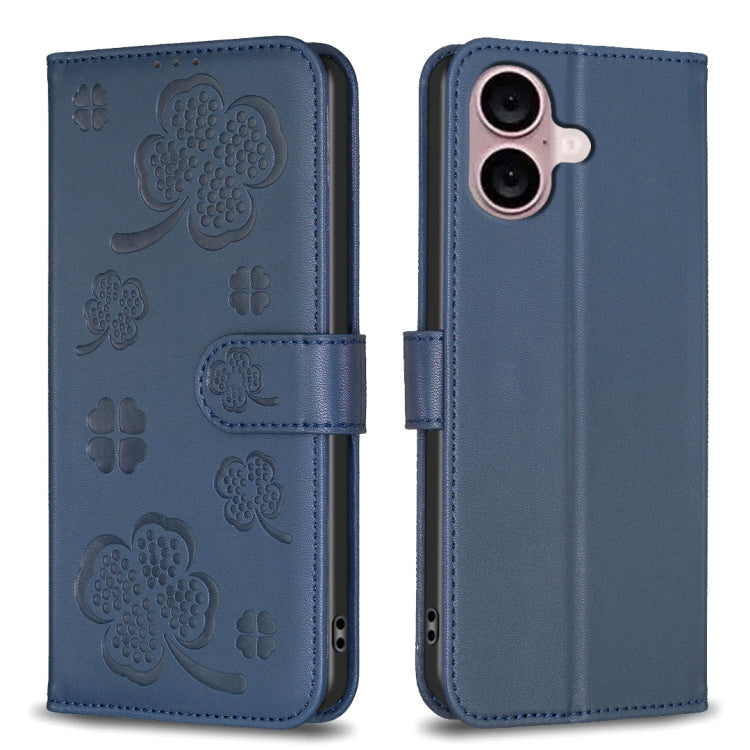 Four-leaf Embossed Leather Phone Case, For iPhone 16 Pro Max, For iPhone 16 Pro, For iPhone 16 Plus, For iPhone 16