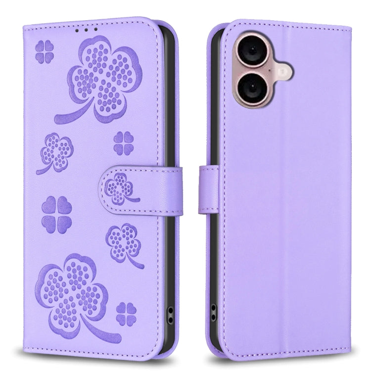 Four-leaf Embossed Leather Phone Case, For iPhone 16 Pro Max, For iPhone 16 Pro, For iPhone 16 Plus, For iPhone 16