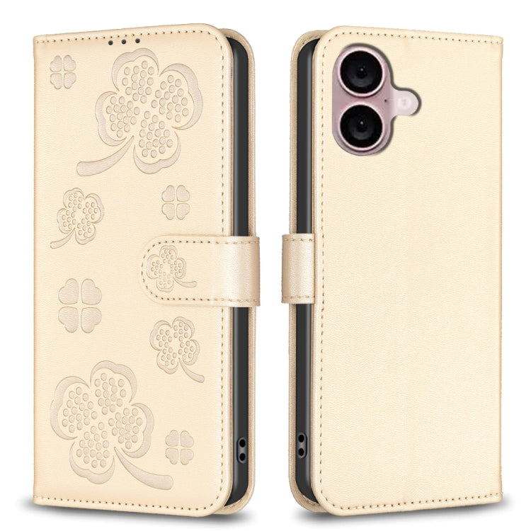 Four-leaf Embossed Leather Phone Case, For iPhone 16 Pro Max, For iPhone 16 Pro, For iPhone 16 Plus, For iPhone 16