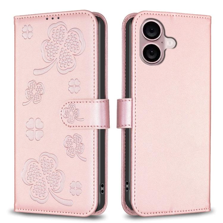 Four-leaf Embossed Leather Phone Case, For iPhone 16 Pro Max, For iPhone 16 Pro, For iPhone 16 Plus, For iPhone 16