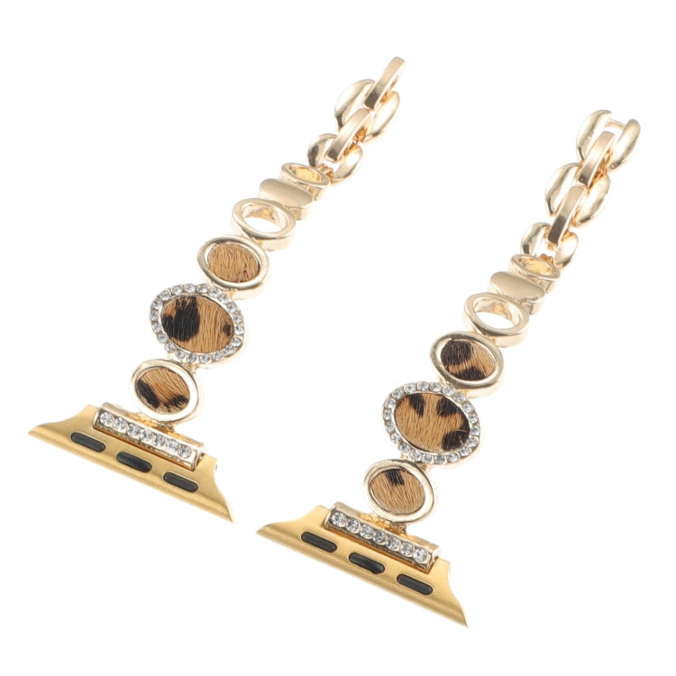 Leopard Rhinestones Metal Chain Watch Band, For Apple Watch SE 2023 44mm, For Apple Watch SE 2023 40mm, For Apple Watch Ultra 2 49mm, For Apple Watch Series 9 45mm, For Apple Watch Series 9 41mm, For Apple Watch Ultra 49mm, For Apple Watch Series 8 41m...