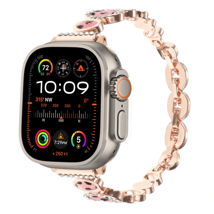 Leopard Rhinestones Metal Chain Watch Band, For Apple Watch SE 2023 44mm, For Apple Watch SE 2023 40mm, For Apple Watch Ultra 2 49mm, For Apple Watch Series 9 45mm, For Apple Watch Series 9 41mm, For Apple Watch Ultra 49mm, For Apple Watch Series 8 41m...