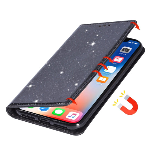 Glitter leather case with sturdy magnetic clasp, angled to display functionality and slim profile design