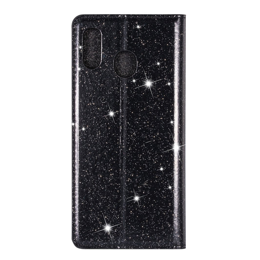 Galaxy A40 protective flip case with shimmering glitter interior and metal kickstand