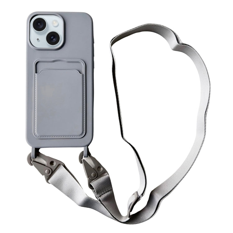 Card Slot Liquid Silicone Phone Case with Lanyard, For iPhone 14