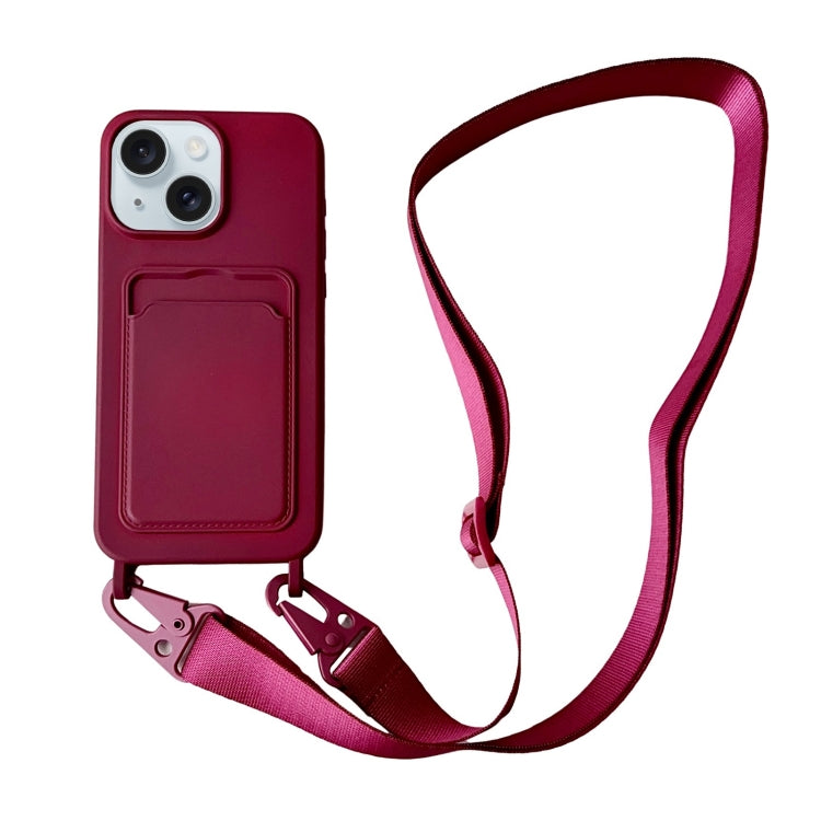Card Slot Liquid Silicone Phone Case with Lanyard, For iPhone 14