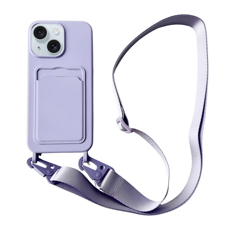 Card Slot Liquid Silicone Phone Case with Lanyard, For iPhone 14