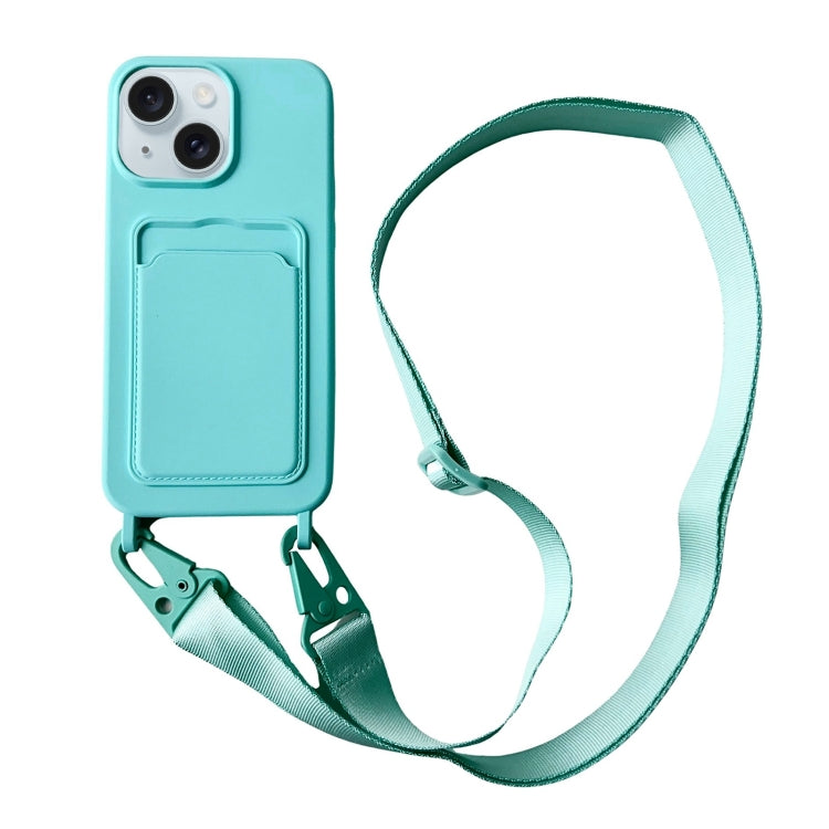 Card Slot Liquid Silicone Phone Case with Lanyard, For iPhone 14 Plus