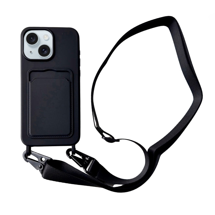 Card Slot Liquid Silicone Phone Case with Lanyard, For iPhone 15