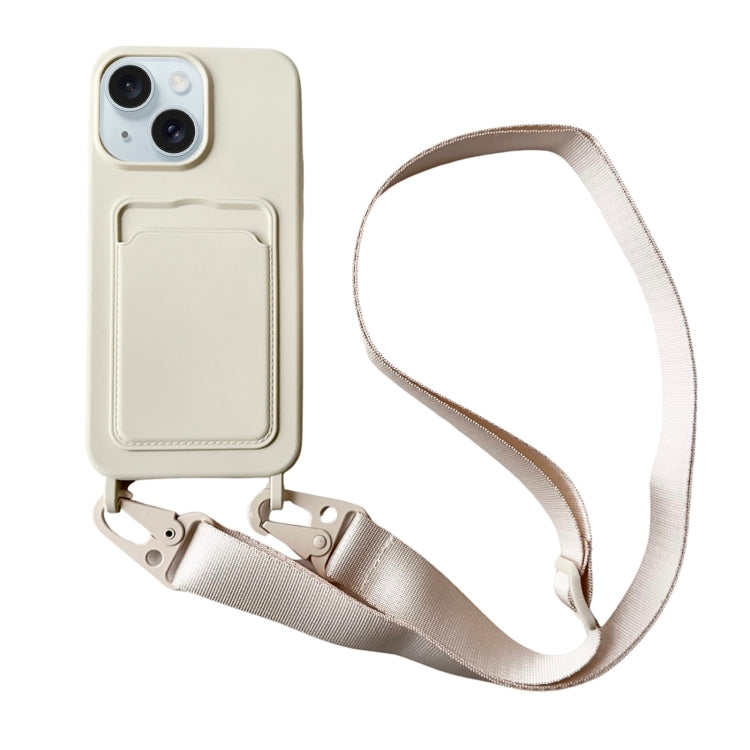 Card Slot Liquid Silicone Phone Case with Lanyard, For iPhone 15