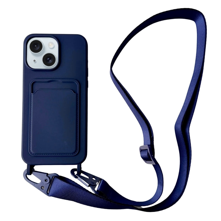 Card Slot Liquid Silicone Phone Case with Lanyard, For iPhone 15