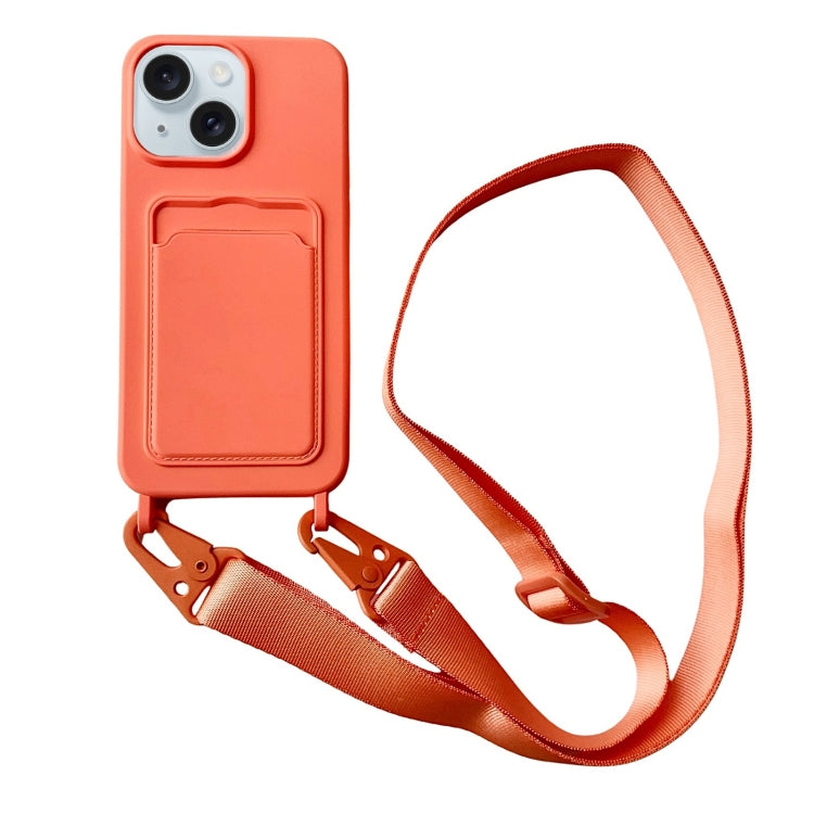 Card Slot Liquid Silicone Phone Case with Lanyard, For iPhone 15