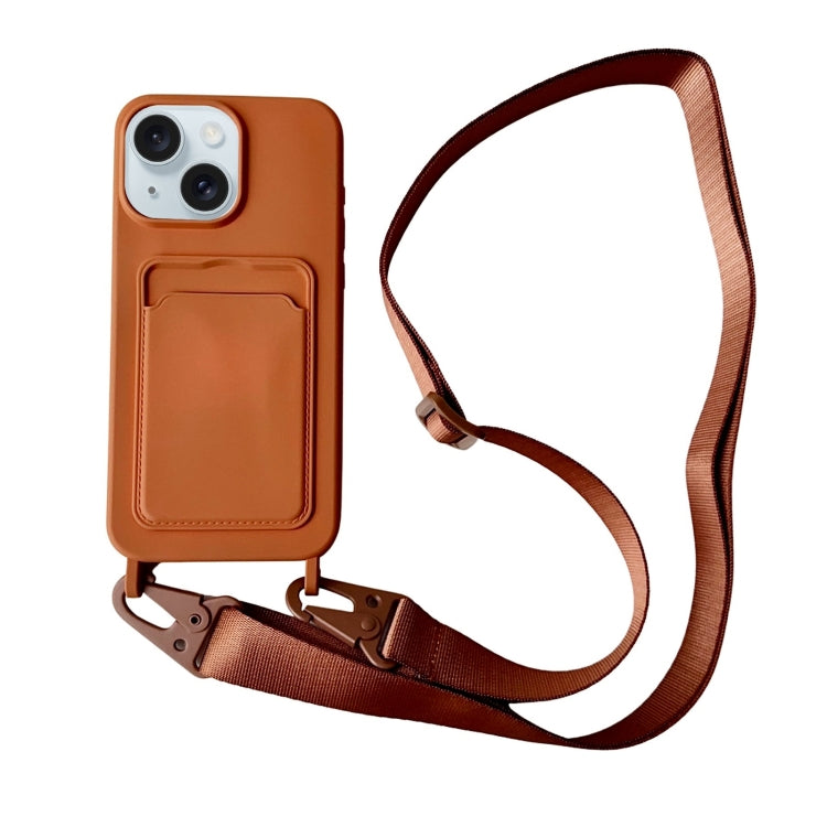 Card Slot Liquid Silicone Phone Case with Lanyard, For iPhone 15 Plus