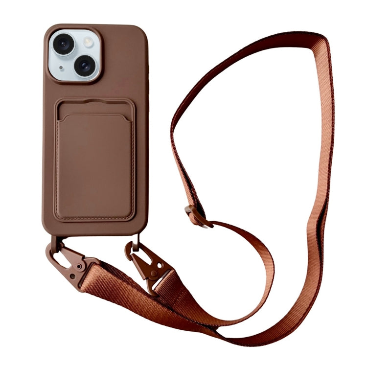 Card Slot Liquid Silicone Phone Case with Lanyard, For iPhone 15 Plus