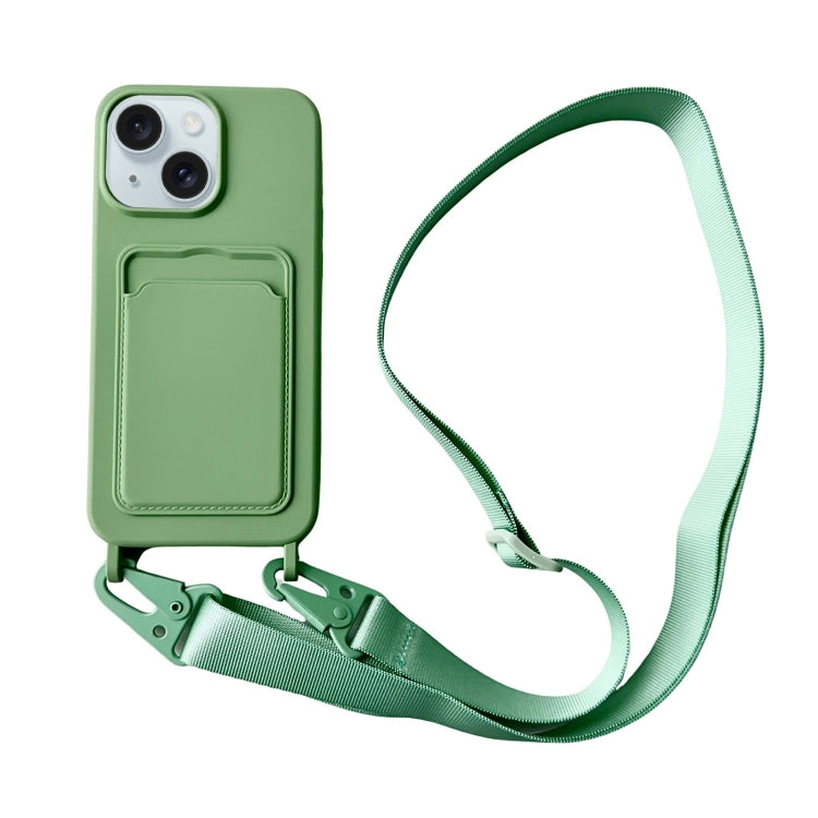 Card Slot Liquid Silicone Phone Case with Lanyard, For iPhone 15 Plus