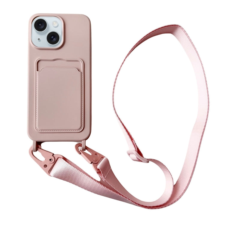 Card Slot Liquid Silicone Phone Case with Lanyard, For iPhone 15 Plus