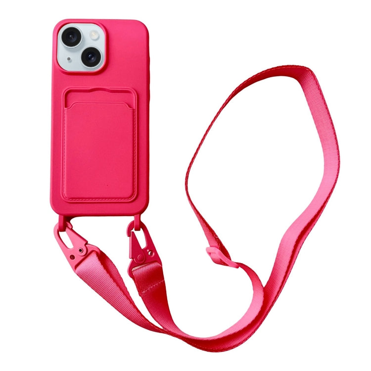 Card Slot Liquid Silicone Phone Case with Lanyard, For iPhone 15 Plus