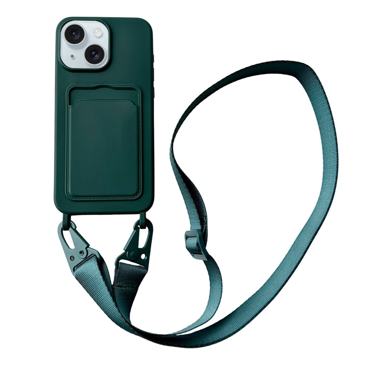 Card Slot Liquid Silicone Phone Case with Lanyard, For iPhone 15 Plus