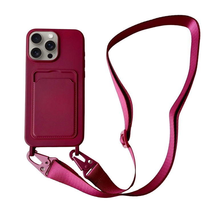 Card Slot Liquid Silicone Phone Case with Lanyard, For iPhone 15 Pro