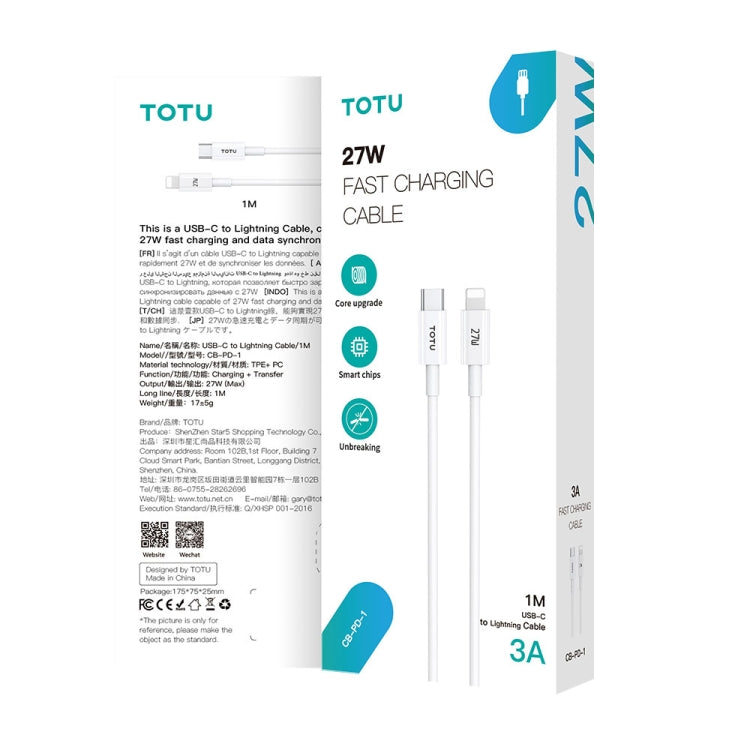 TOTU CB-1-PD 27W USB-C/Type-C to 8 Pin Data Cable, Length: 1m, CB-1-PD