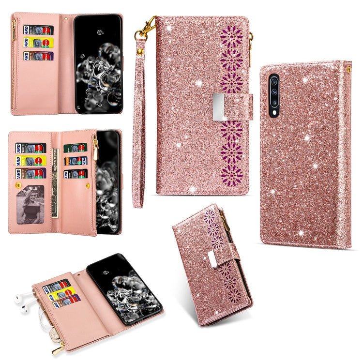 Multi-card Slots Starry Sky Laser Carving Glitter Zipper Horizontal Flip Leather Case with Holder & Wallet & Lanyard, For Samsung Galaxy A21, For Samsung Galaxy A30 / A20, For Samsung Galaxy A50 / A30s / A50s, For Samsung Galaxy A70 / A70s