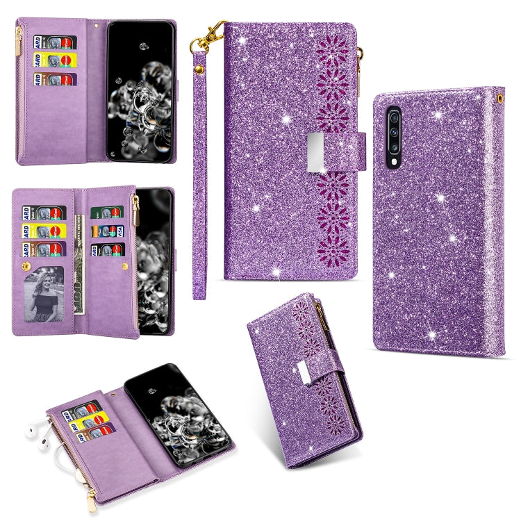 Multi-card Slots Starry Sky Laser Carving Glitter Zipper Horizontal Flip Leather Case with Holder & Wallet & Lanyard, For Samsung Galaxy A21, For Samsung Galaxy A30 / A20, For Samsung Galaxy A50 / A30s / A50s, For Samsung Galaxy A70 / A70s