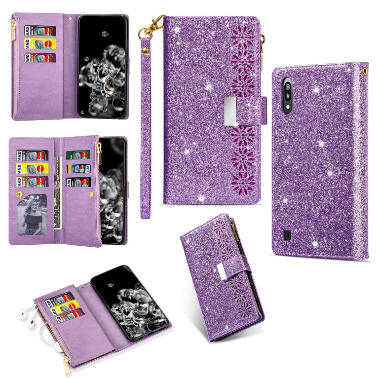 Multi-card Slots Starry Sky Laser Carving Glitter Zipper Horizontal Flip Leather Case with Holder & Wallet & Lanyard, For Samsung Galaxy J6 (2018), For Samsung Galaxy M10 / A10, For Samsung Galaxy Note 8, For Samsung Galaxy Note9