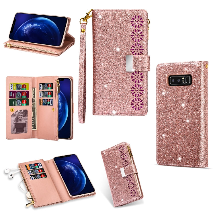 Multi-card Slots Starry Sky Laser Carving Glitter Zipper Horizontal Flip Leather Case with Holder & Wallet & Lanyard, For Samsung Galaxy J6 (2018), For Samsung Galaxy M10 / A10, For Samsung Galaxy Note 8, For Samsung Galaxy Note9