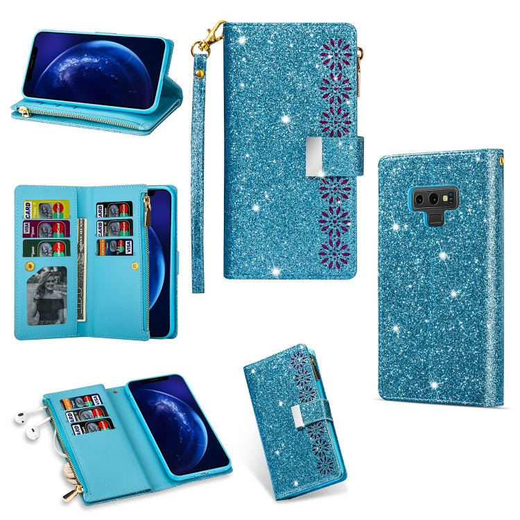 Multi-card Slots Starry Sky Laser Carving Glitter Zipper Horizontal Flip Leather Case with Holder & Wallet & Lanyard, For Samsung Galaxy J6 (2018), For Samsung Galaxy M10 / A10, For Samsung Galaxy Note 8, For Samsung Galaxy Note9