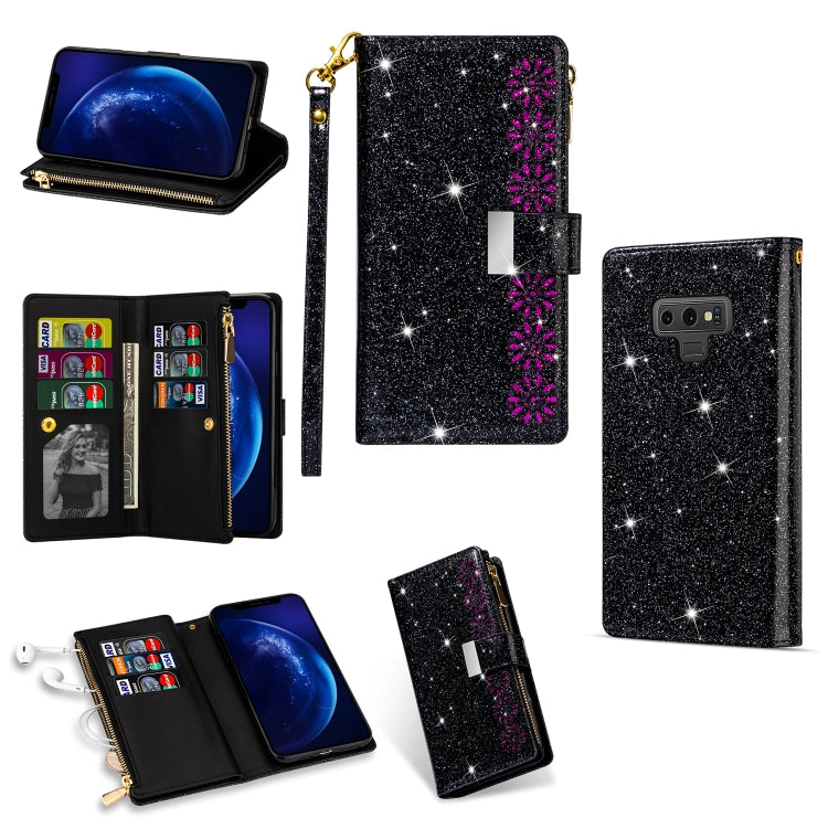 Multi-card Slots Starry Sky Laser Carving Glitter Zipper Horizontal Flip Leather Case with Holder & Wallet & Lanyard, For Samsung Galaxy J6 (2018), For Samsung Galaxy M10 / A10, For Samsung Galaxy Note 8, For Samsung Galaxy Note9