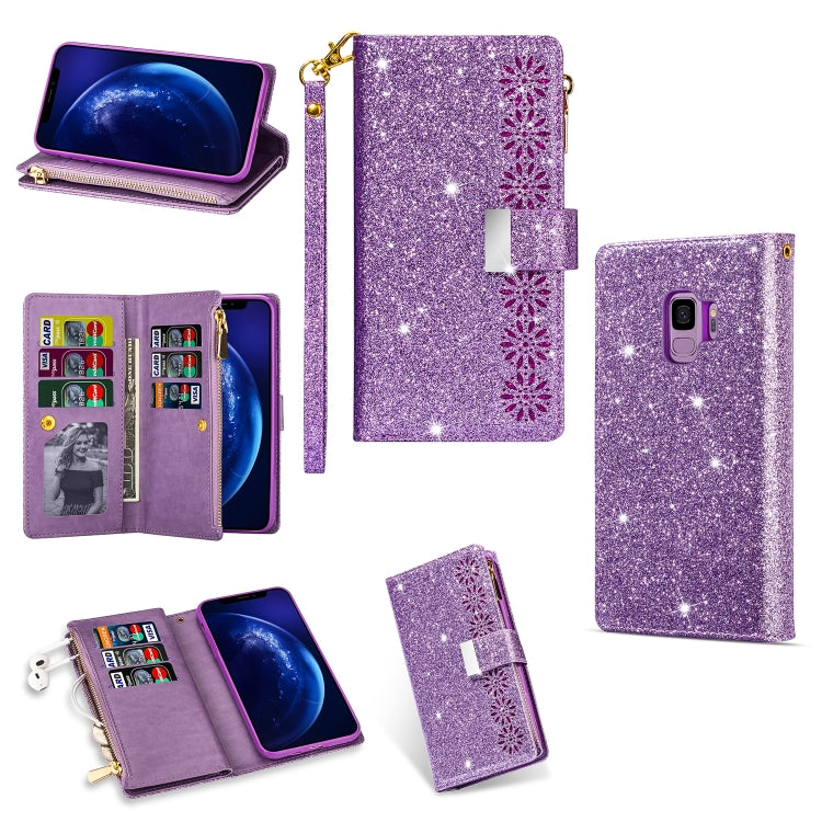 Multi-card Slots Starry Sky Laser Carving Glitter Zipper Horizontal Flip Leather Case with Holder & Wallet & Lanyard, For Samsung Galaxy S9, For Samsung Galaxy S9+, For Samsung Galaxy S10, For Samsung Galaxy S10 5G