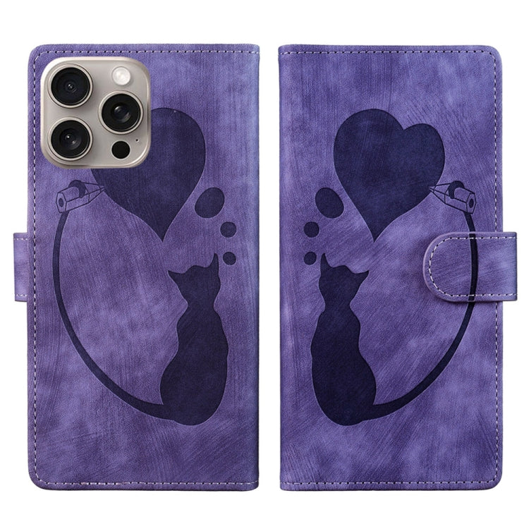 Pen Heart Cat Embossed Leather Phone Case, For iPhone 15 Pro Max, For iPhone 15 Pro, For iPhone 15 Plus, For iPhone 15